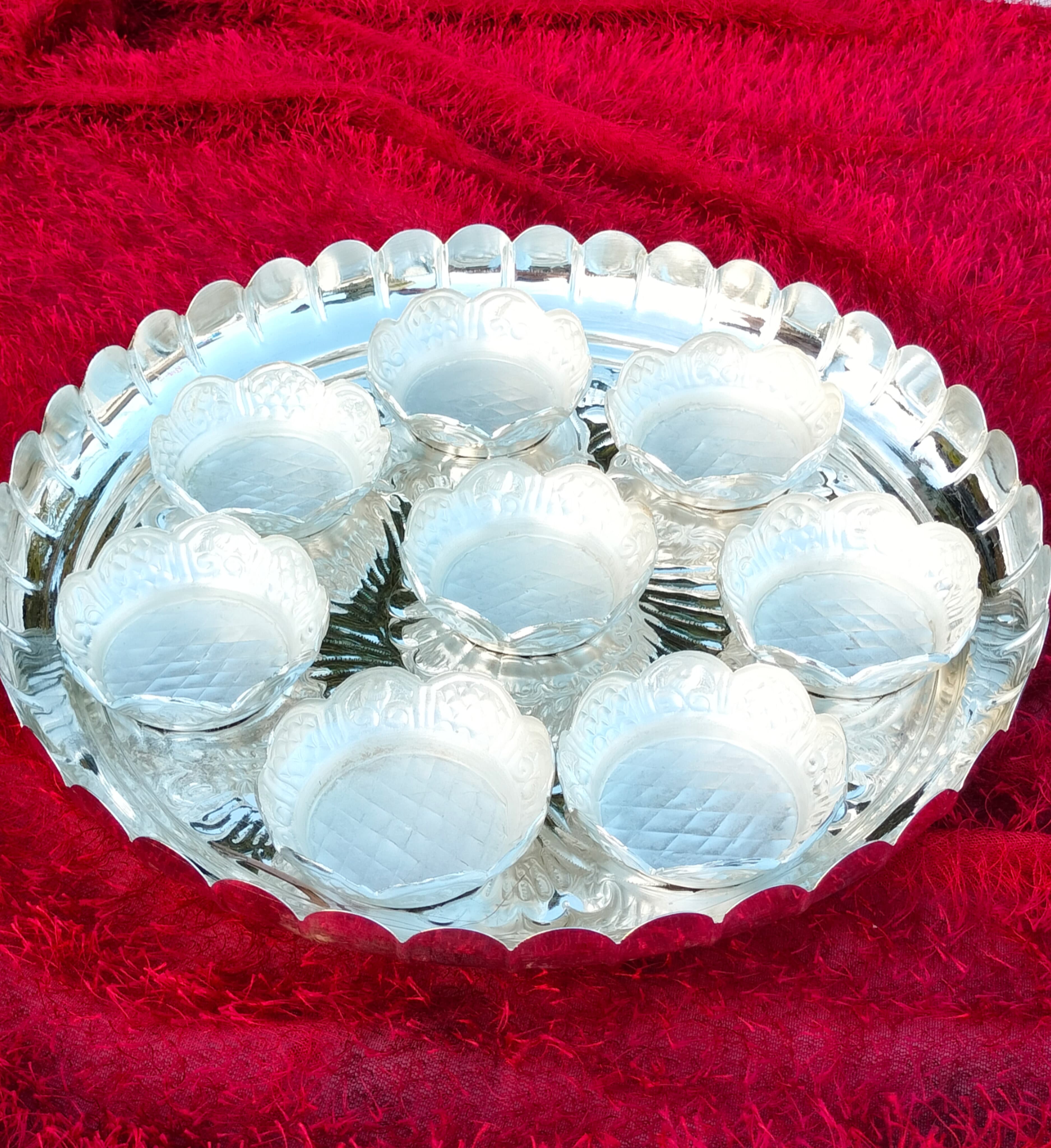 German silver flower tray with bowl set for Diwali prasad/ sweet/ snacks/ housewarming